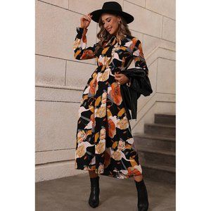 Orange Floral Print Tie Neck Long Sleeve Dress